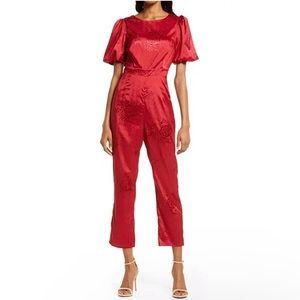 Lulu's Red Satin Puff-Sleeve Jacquard Jumpsuit